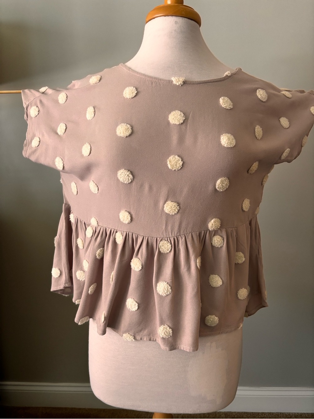 Womens Taupe Peplum Dot Top with Cream Pom Detail